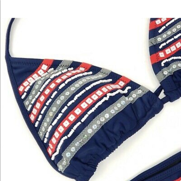 NWT BEACH JOY 2 Pc Navy, Red & White Beaded & Sequin String Bikini Set Sz Small - Picture 2 of 9